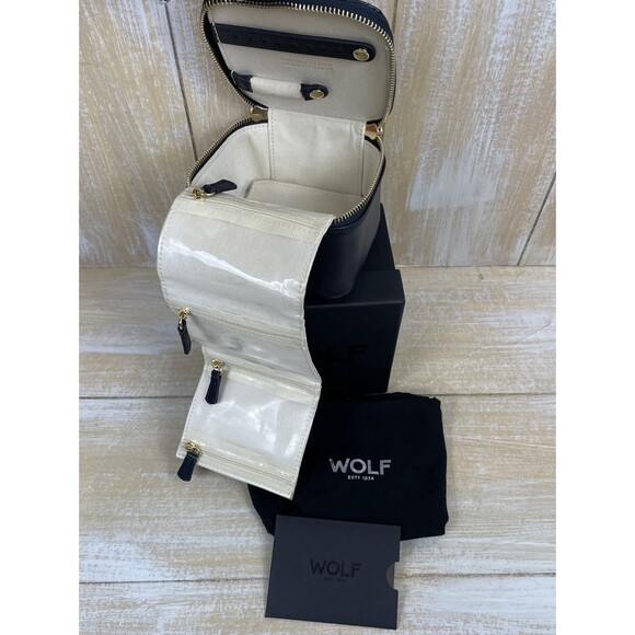 WOLF Maria Zip Jewelry Travel Cube Navy Leather w/ Original Box & Dust Bag - Picture 4 of 16